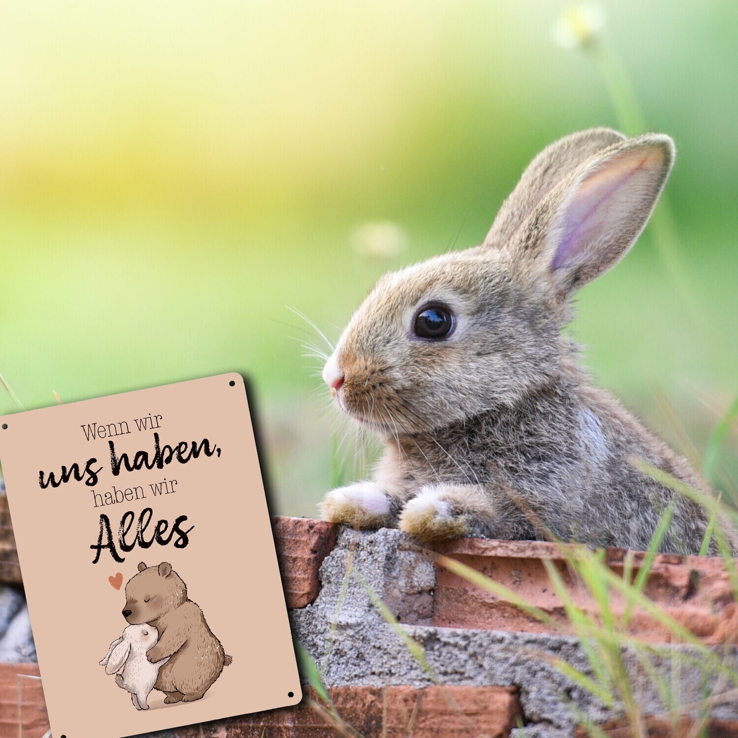 Hase und Bär Metallschild XL in 21x28 cm mit Spruch Wenn wir uns haben, haben wir Alles