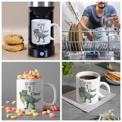 Dino mit Schultüte Kaffeebecher mit Spruch Du bist 1. Klasse!