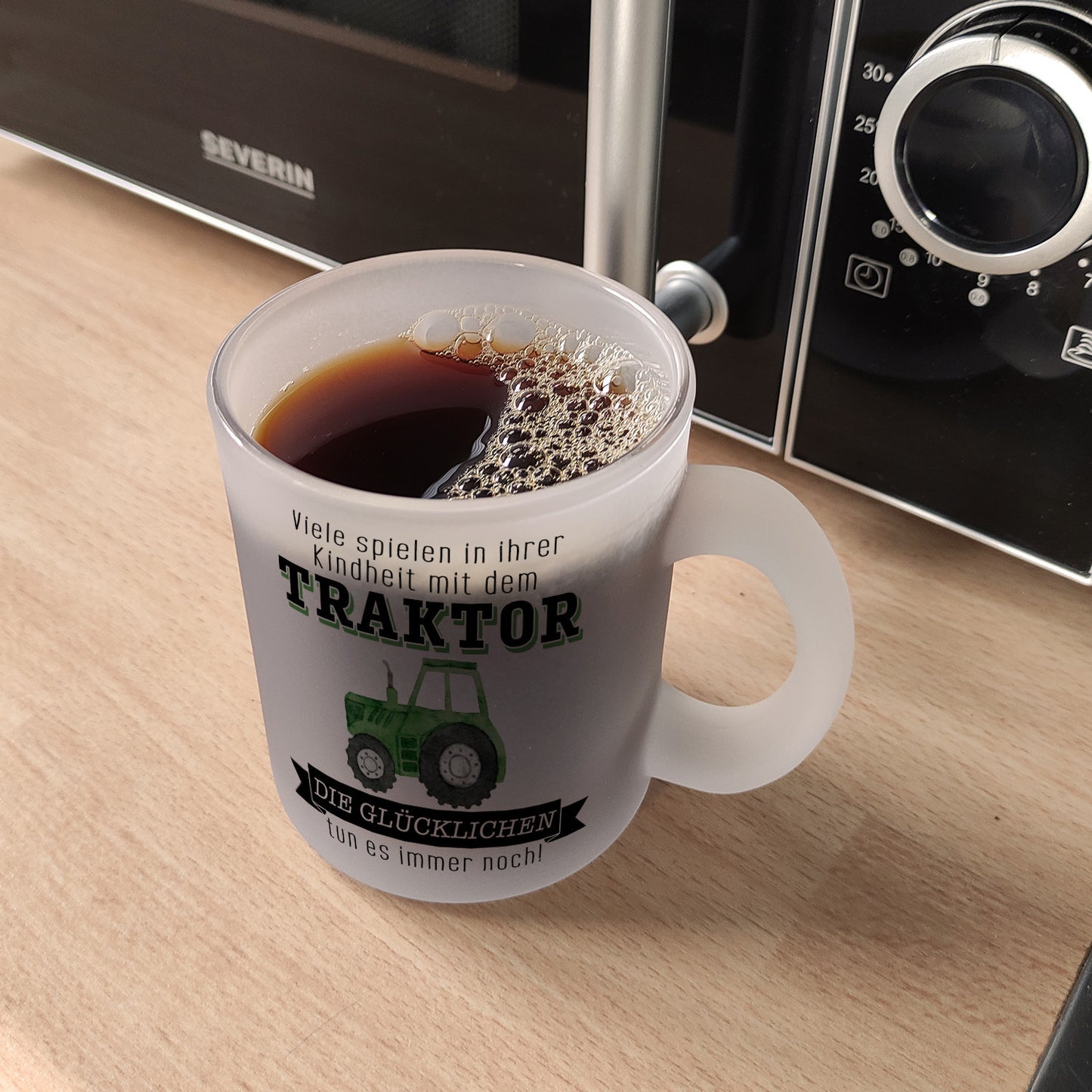 Traktor Glas Tasse mit Spruch Kindheitsträume - Für immer Traktor fahren