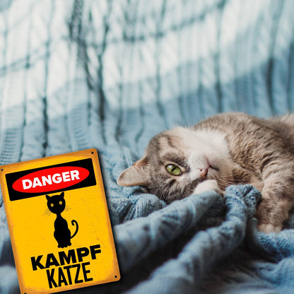 Danger Kampf Katze Metallschild XL in 21x28 cm mit Katzen Silhouette