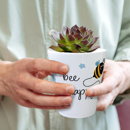 Bee happy Blumentopf mit niedlicher Biene und Blumen