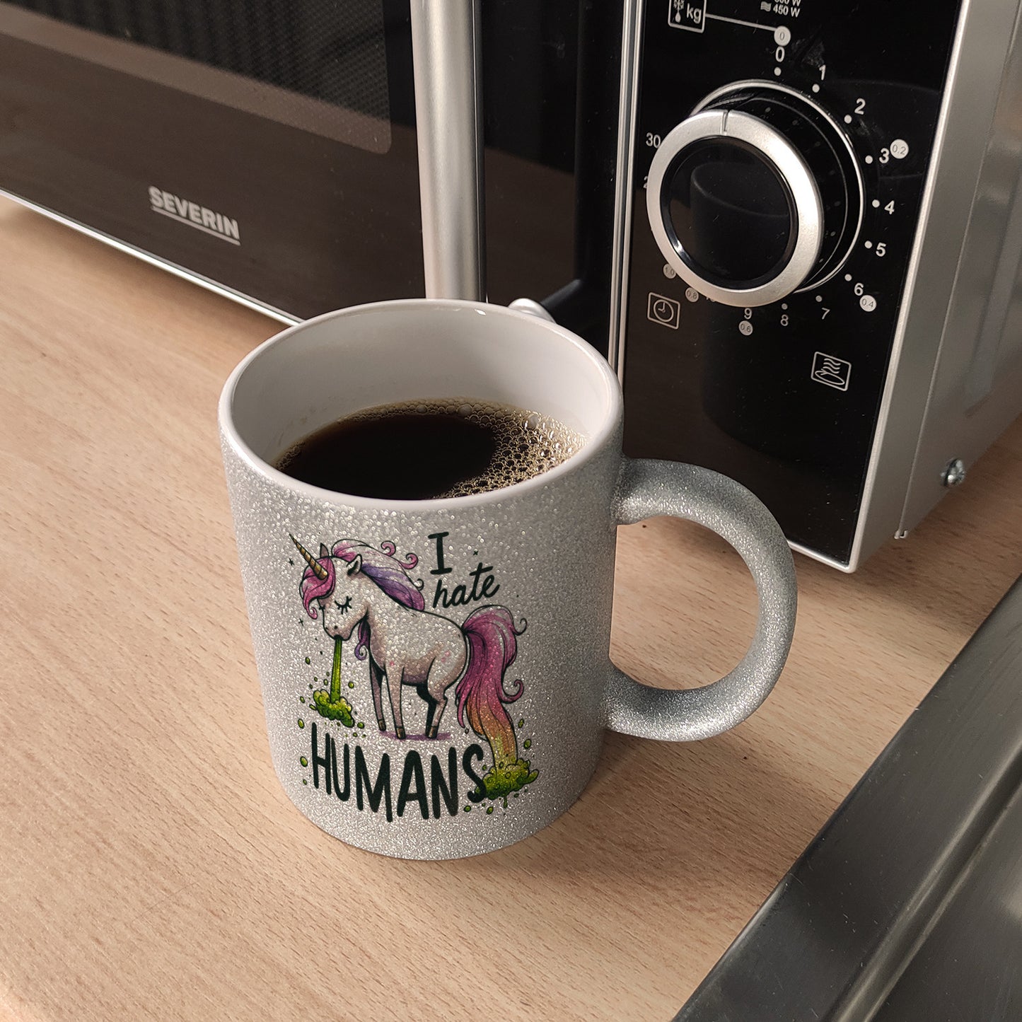 Kotzendes Einhorn Glitzer-Kaffeebecher mit Spruch I hate Humans