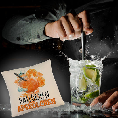 Cocktail Kissen mit Leinenoptik mit Spruch Hallöchen Aperölchen