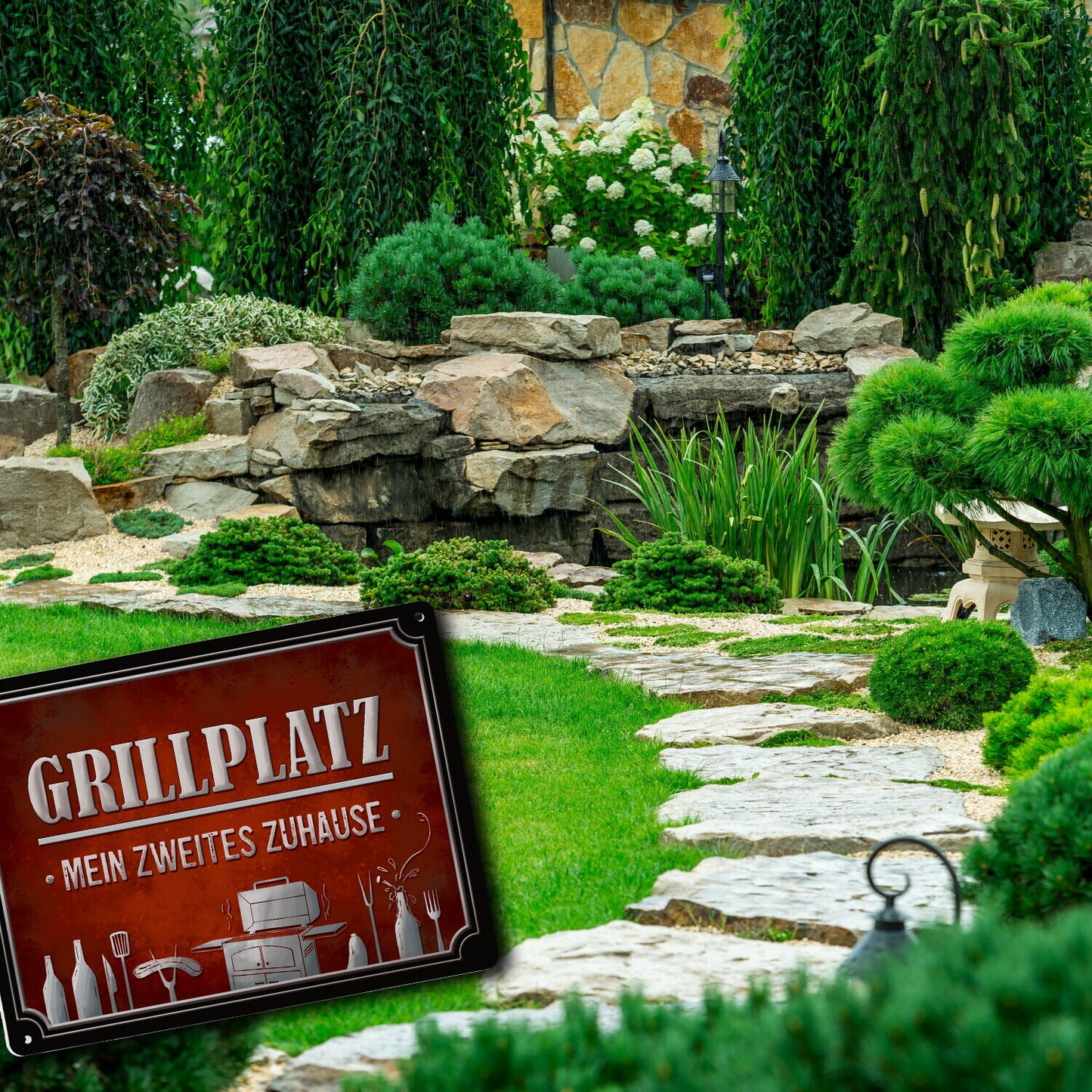 Metallschild XL mit Grill Motiv und Spruch: Grillplatz - mein zweites Zuhause