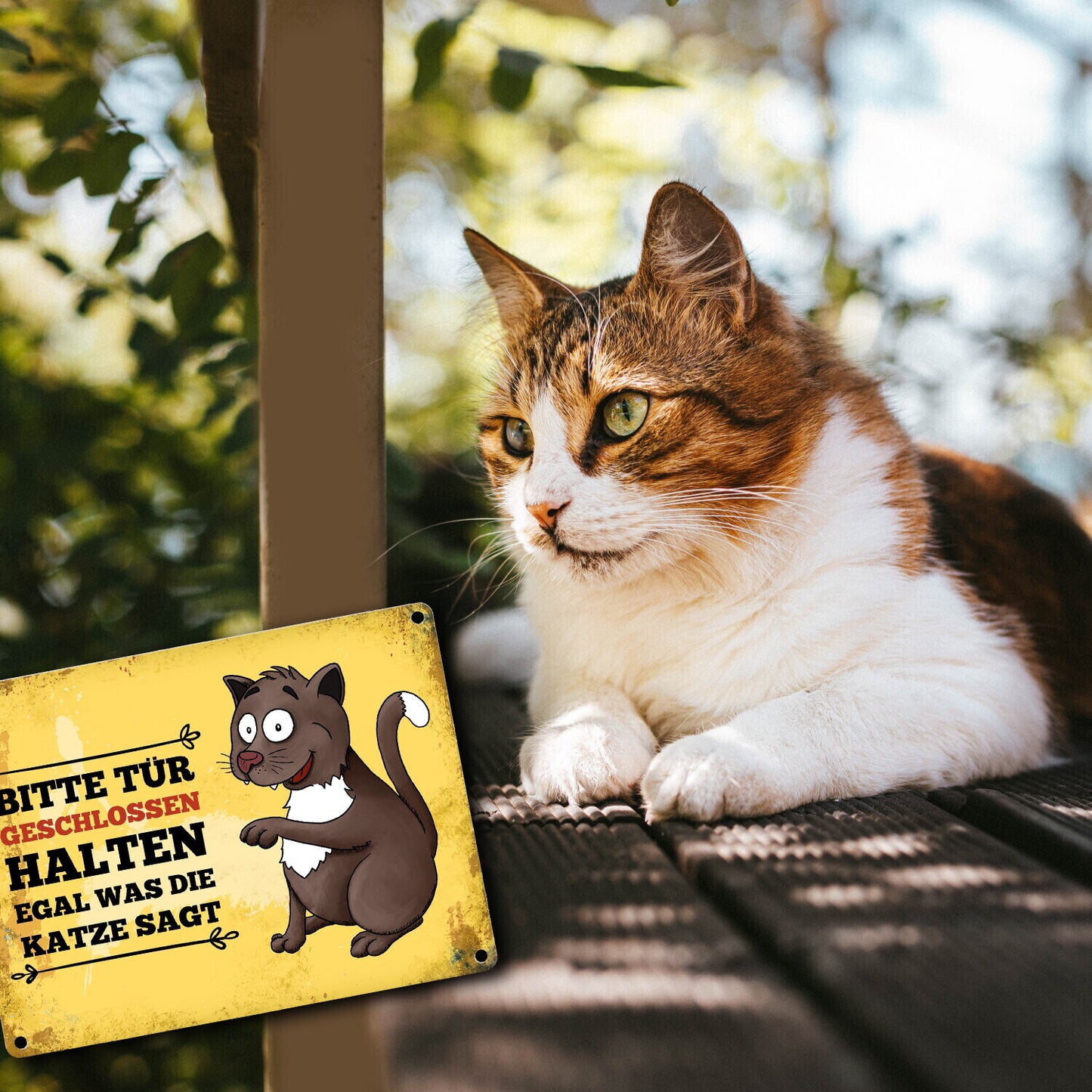 Metallschild mit Katze Motiv und Spruch: Bitte Tür geschlossen halten, ...