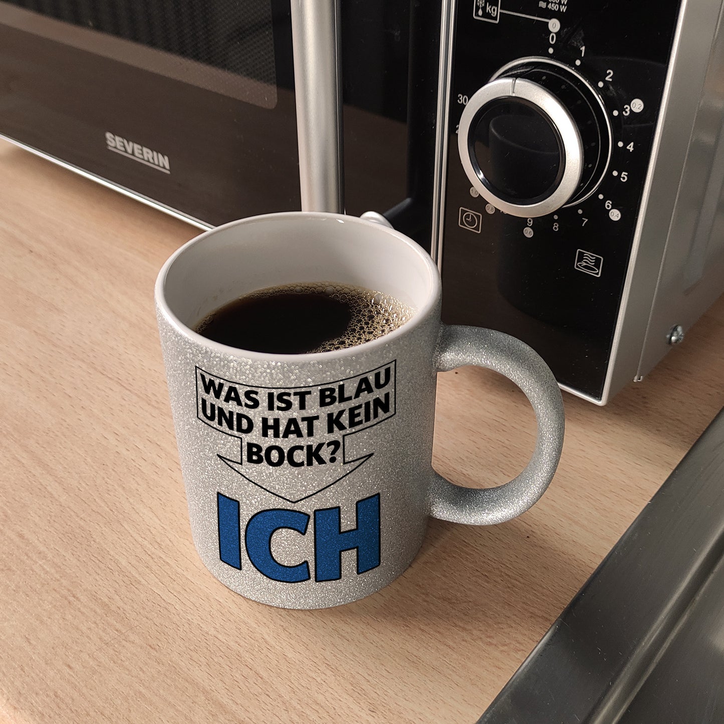 Was ist blau und hat kein Bock? - ICH Glitzer-Kaffeebecher