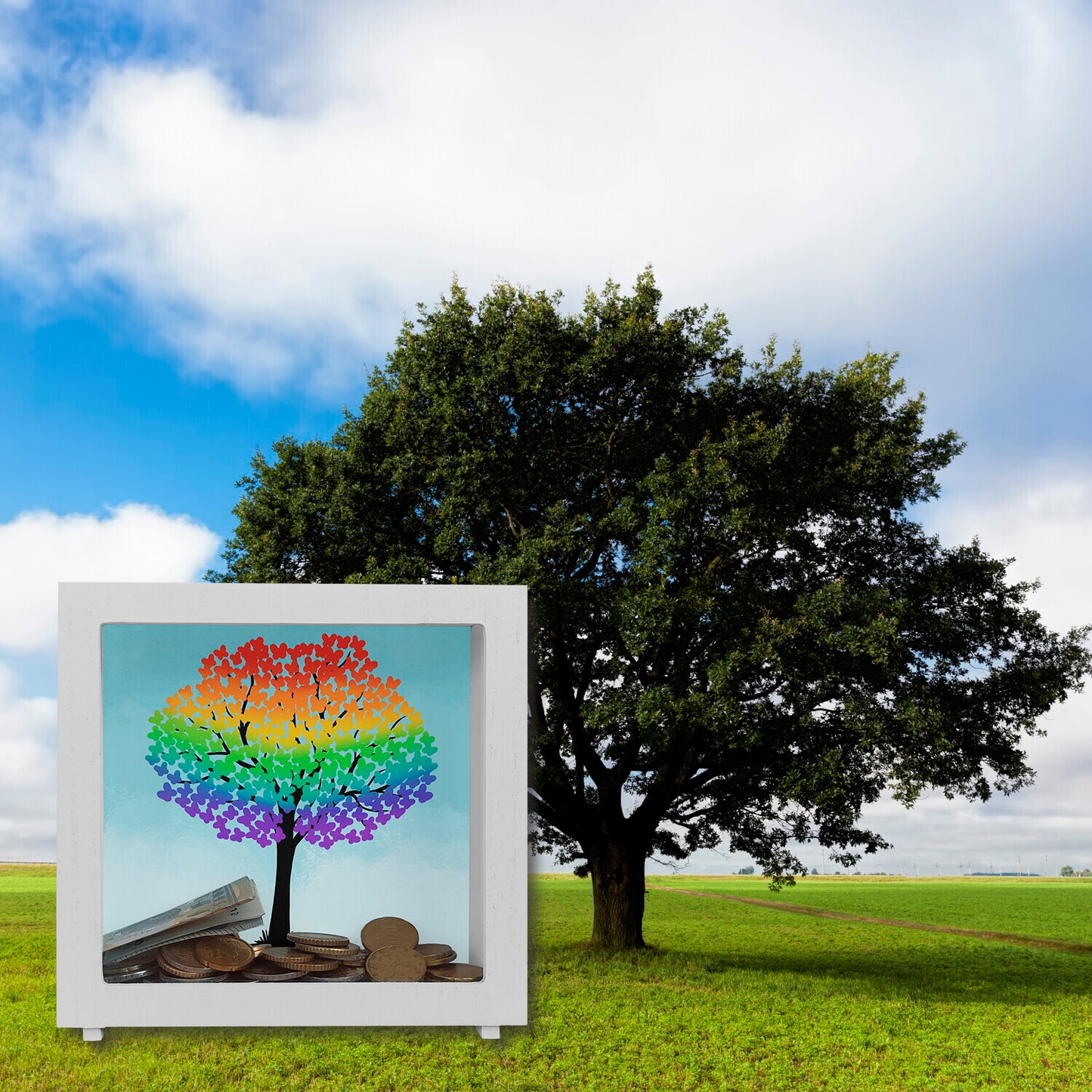 Baum in Regenbogenfarben Rahmen Spardose aus Holz