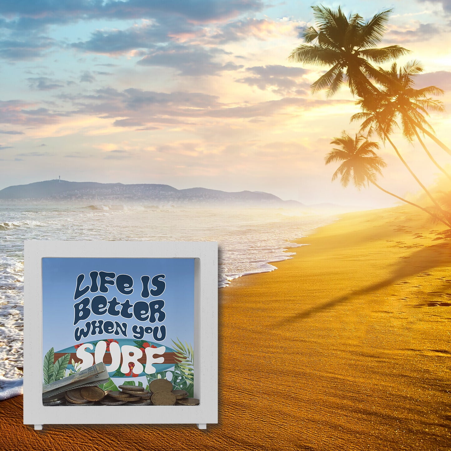 Rahmen Spardose aus Holz mit schönem Surfbrett Motiv und Spruch - Life is better when you surf