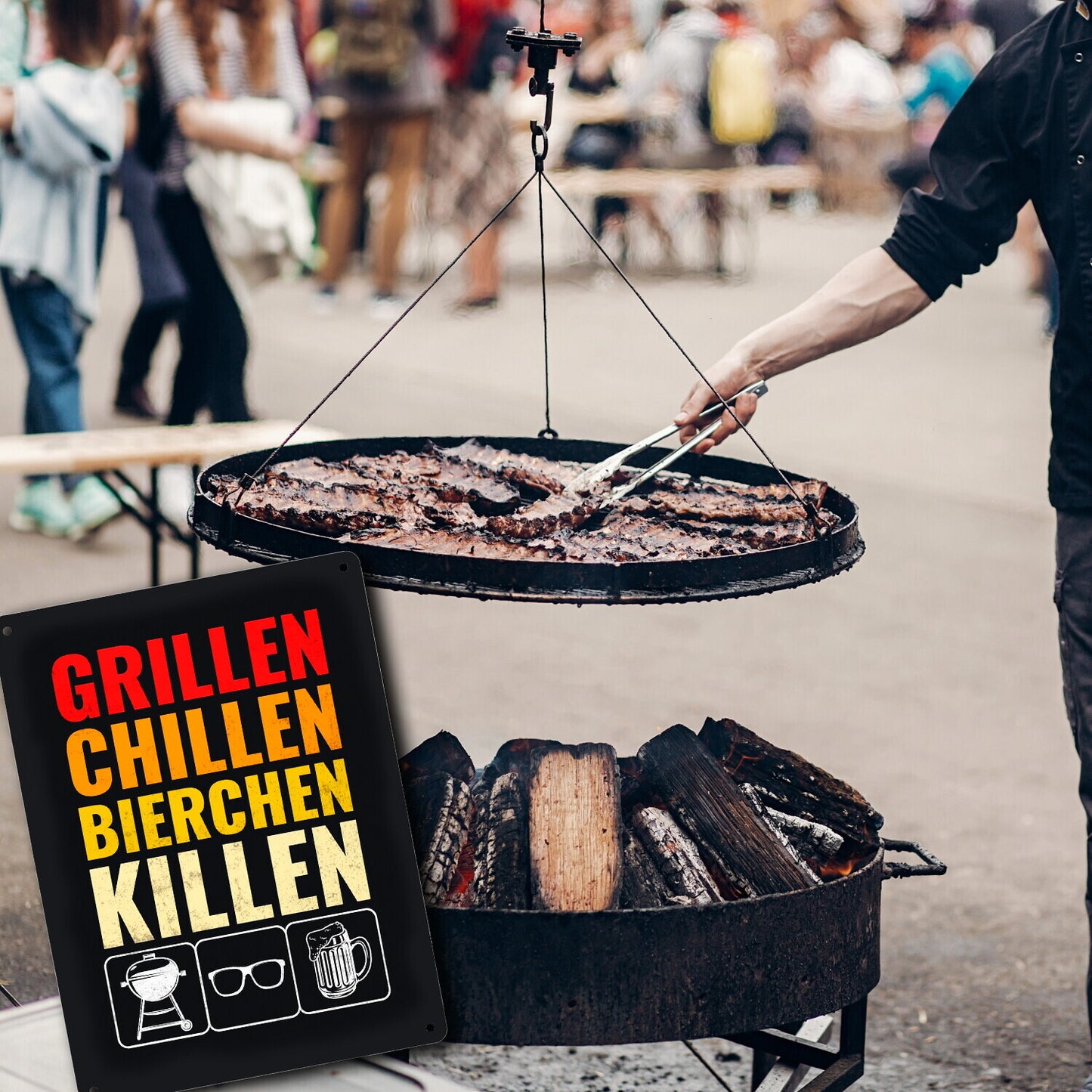 Grillen, Chillen, Bierchen Killen Metallschild XL mit Grill-, Sonnenbrille- und Biermotiv