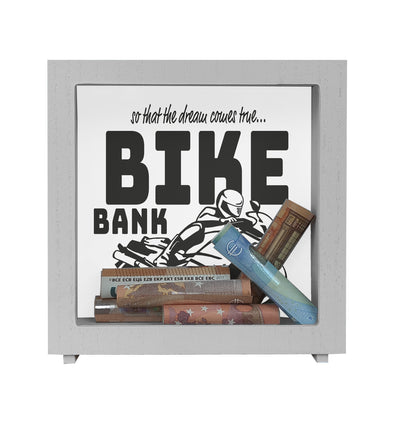 Bike Bank Rahmen Spardose aus Holz in schwarz zum Thema Motorradkauf und Motorrad fahren