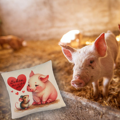 Schwein mit Maus und Herz Kissen mit Leinenoptik mit Spruch Schön dass es dich gibt