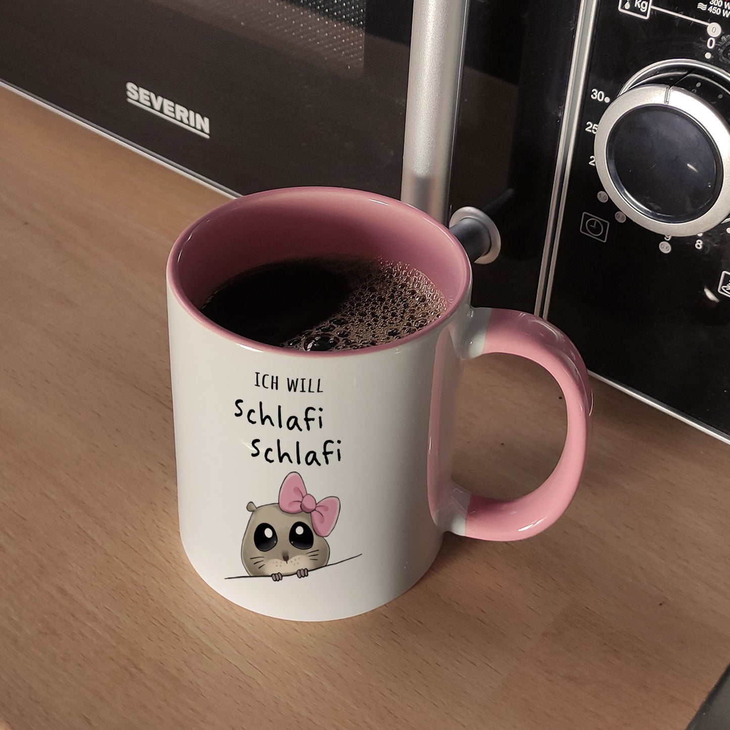 Meme Hamster Kaffeebecher in rosa mit Spruch Ich will Schlafi Schlafi