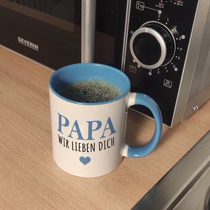 Papa wir lieben dich Kaffeebecher in hellblau in blau mit Herz