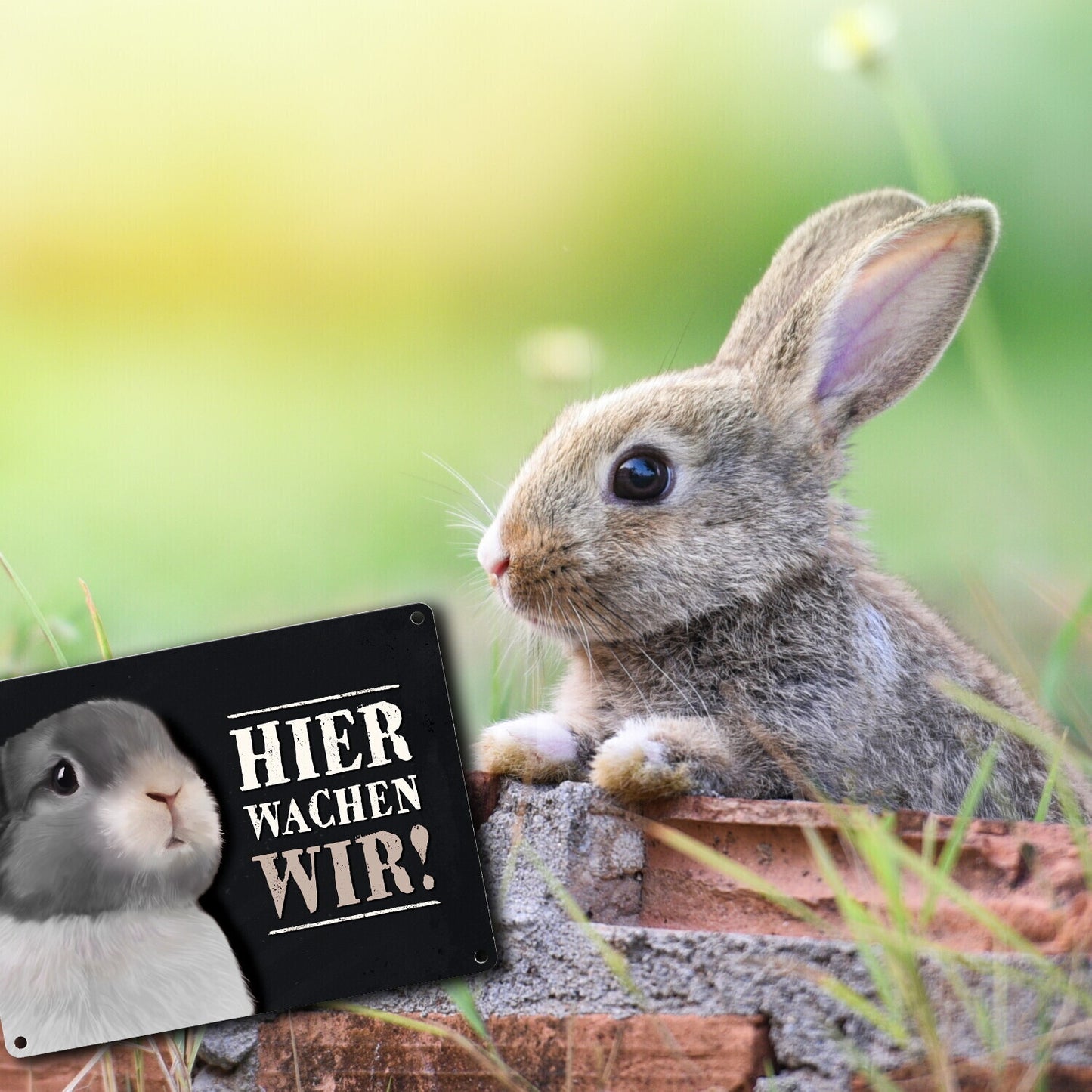 Metallschild mit Hase Motiv und Spruch: Hier wachen wir!