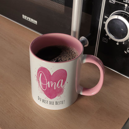 Beste Oma Kaffeebecher in rosa mit Spruch Oma Du bist die Beste