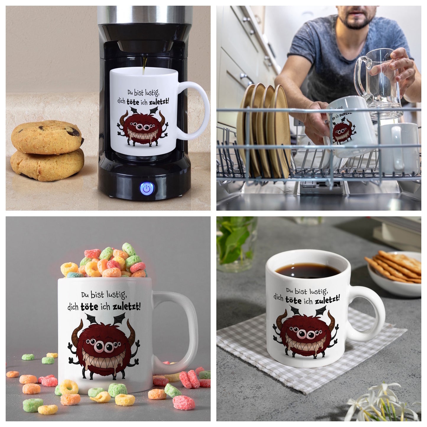 Freches Monster in dunkelrot Kaffeebecher mit lustigem Spruch