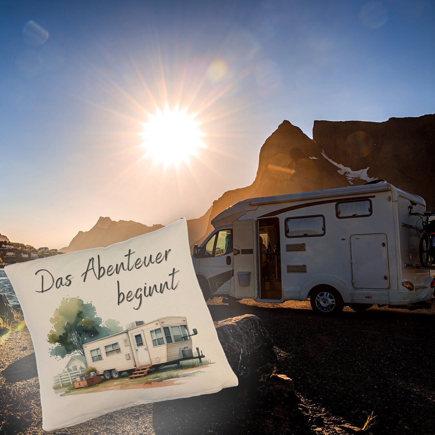 Wohnwagen Kissen mit Leinenoptik mit Spruch Das Abenteuer beginnt