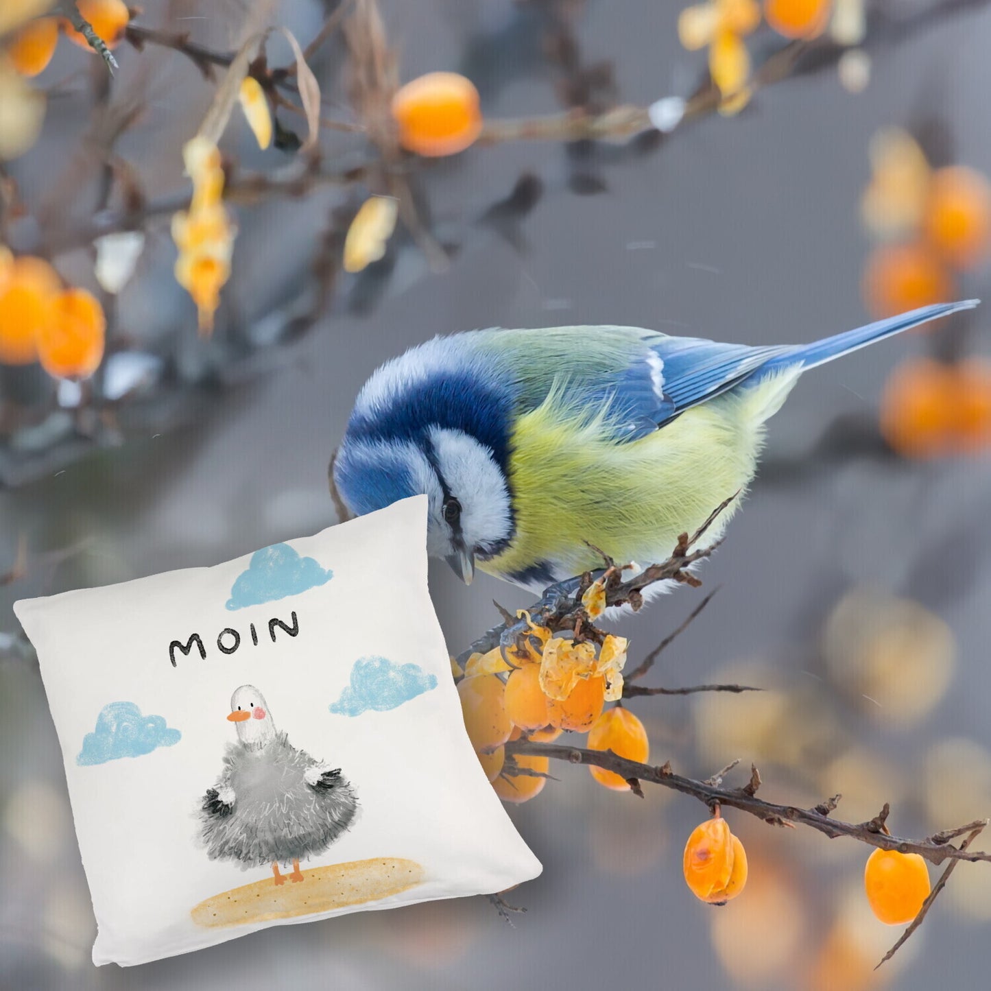 Möwe Kuschelkissen mit Spruch Moin