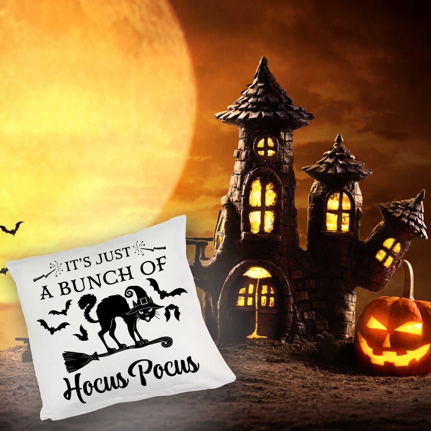 Schwarze Katze Halloween Kuschelkissen mit Spruch A Bunch of Hocus Pocus