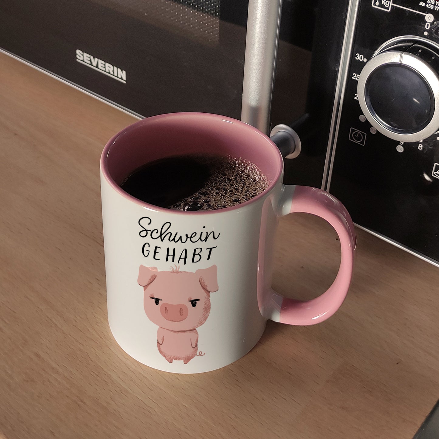 Ferkel Kaffeebecher in rosa mit Spruch Schwein gehabt