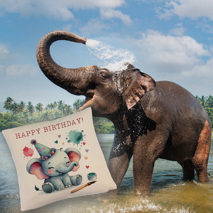 Happy Birthday Elefant Kissen mit Leinenoptik