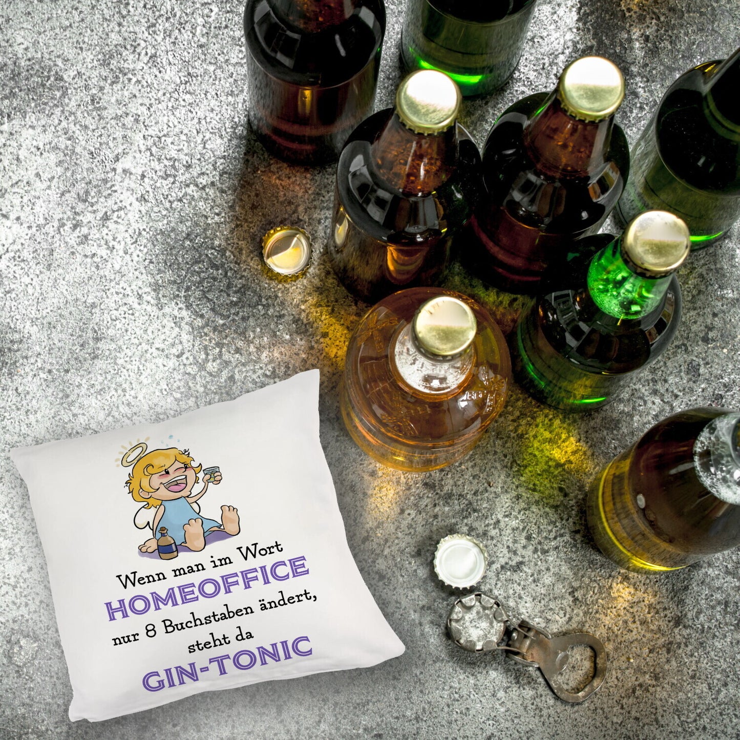 Engel Kuschelkissen mit Spruch - Homeoffice klingt ähnlich wie Gin-Tonic