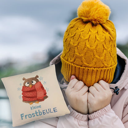 Kleine Frostbeule Kissen mit Leinenoptik mit Spruch niedlicher Eule