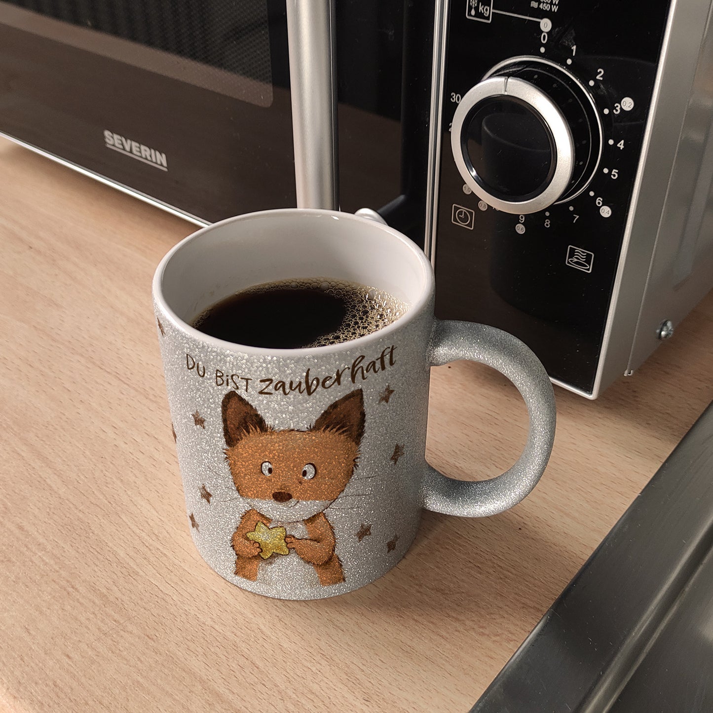 Fuchs Glitzer-Kaffeebecher mit Spruch Du bist zauberhaft