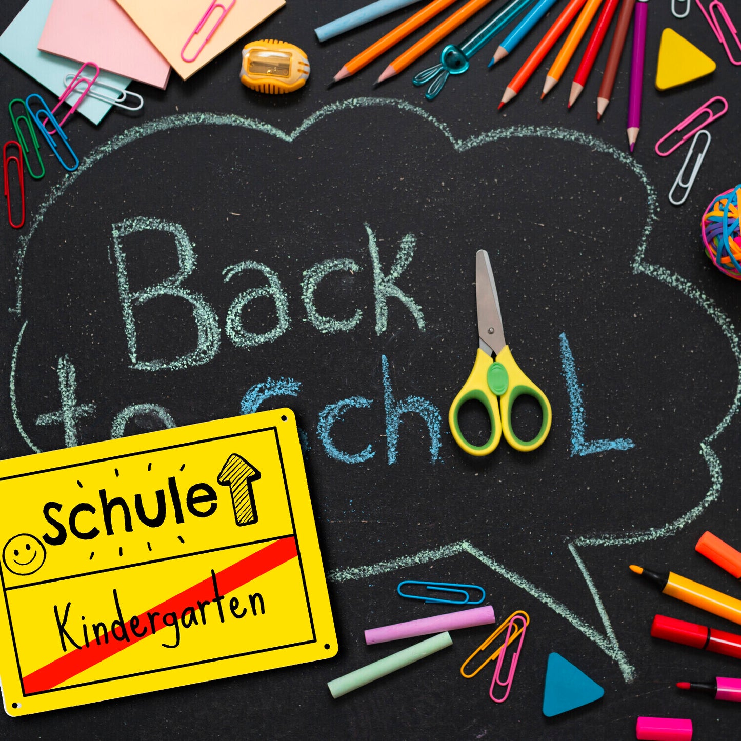 Zur Einschulung Metallschild XL in 21x28 cm mit Spruch Schule - Kindergarten