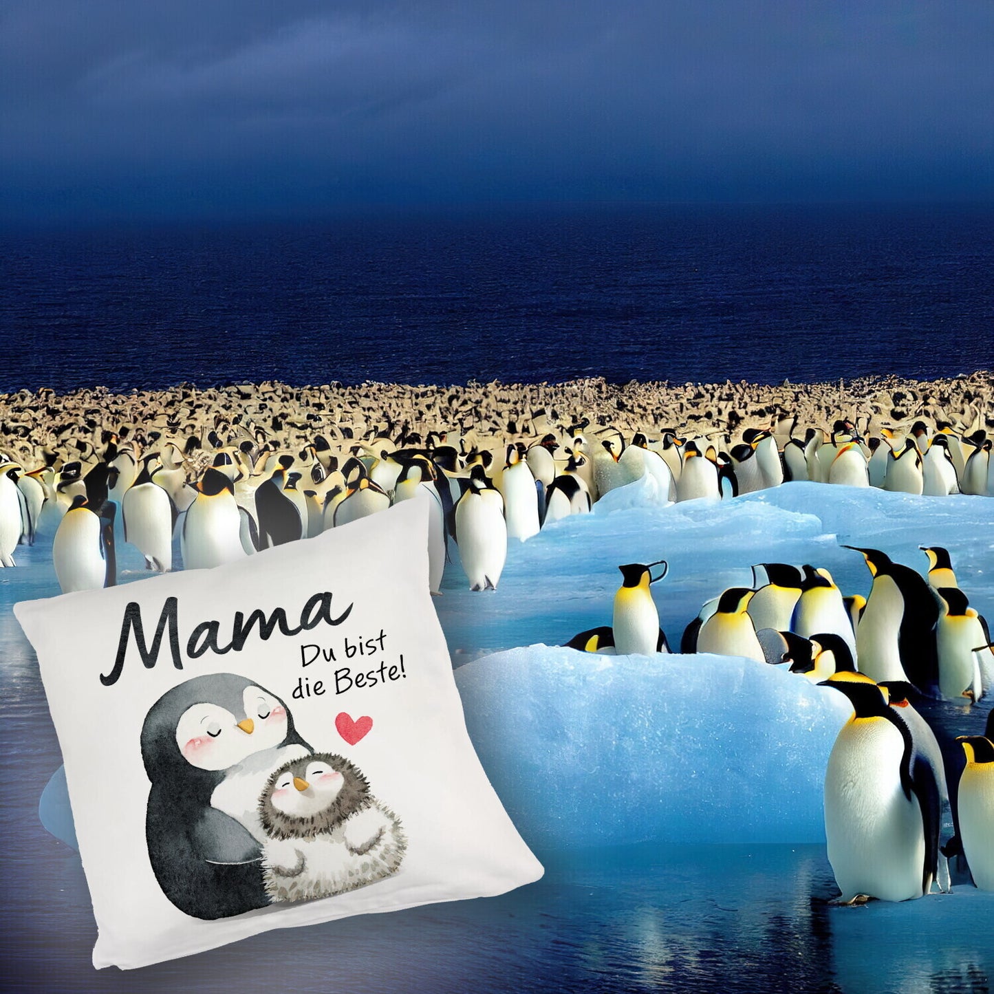 Pinguin Mutter und Kind Kuschelkissen mit Spruch Mama du bist die Beste