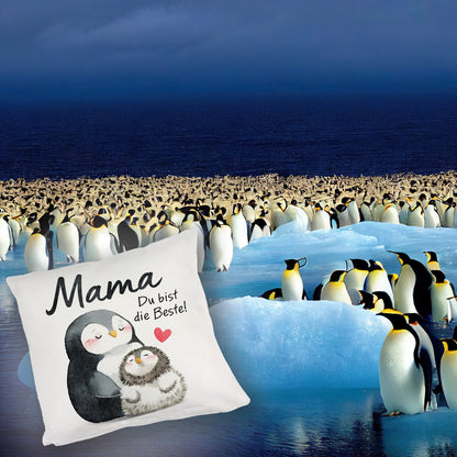 Pinguin Mutter und Kind Kuschelkissen mit Spruch Mama du bist die Beste