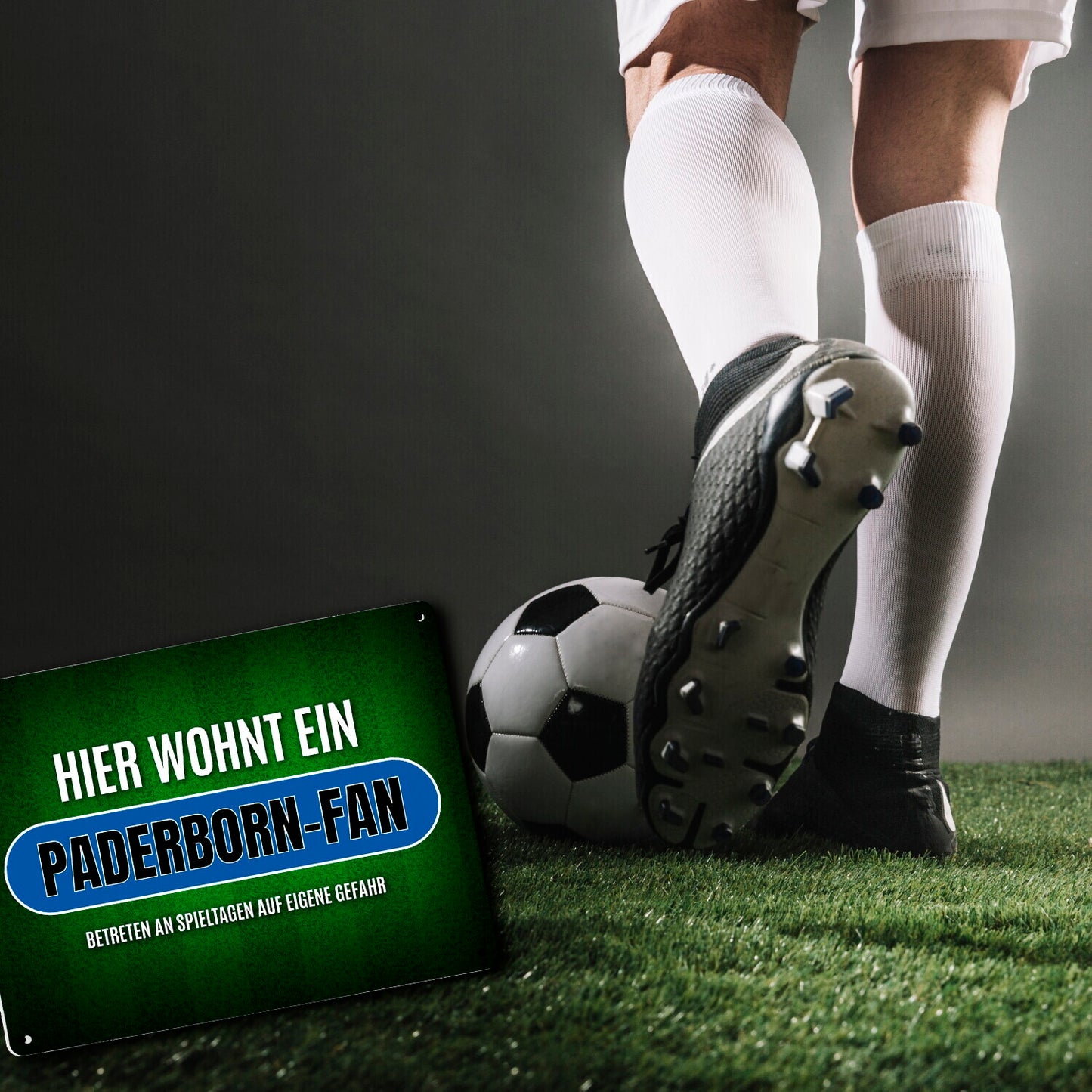 Hier wohnt ein Paderborn-Fan Metallschild XL mit Rasen Motiv