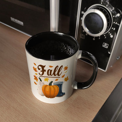 Fall Jahreszeit Herbst Kaffeebecher Schwarz mit Kürbis und Laub