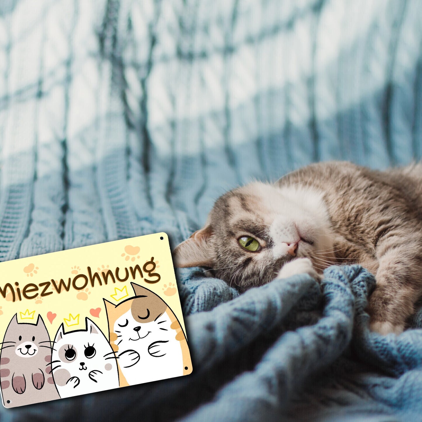 Miezwohnung Metallschild XL mit drei süßen Katzen für alle Katzenfreunde