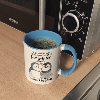 Pinguin Kaffeebecher in hellblau mit Spruch Du bist mein ewiger Pinguin