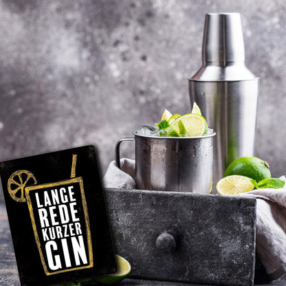 Metallschild mit Gin Tonic Motiv und Spruch: Lange Rede, kurzer Gin