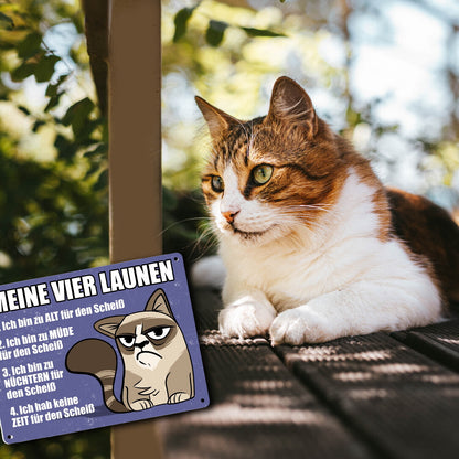 Meine vier Launen Metallschild XL mit der lustigen grummeligen Katze