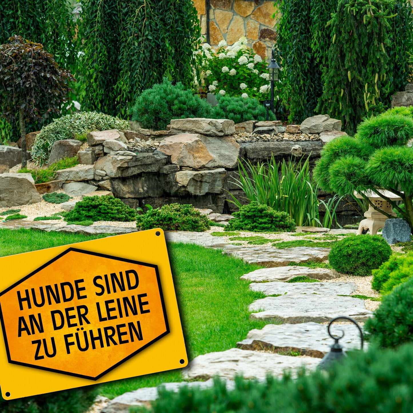 Hunde sind an der Leine zu führen Warn- und Hinweisschild in Gelb und Schwarz