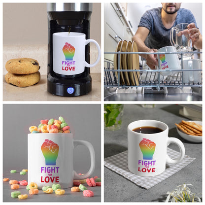 Fight for Love Kaffeebecher mit Faust in Regenbogenfarben