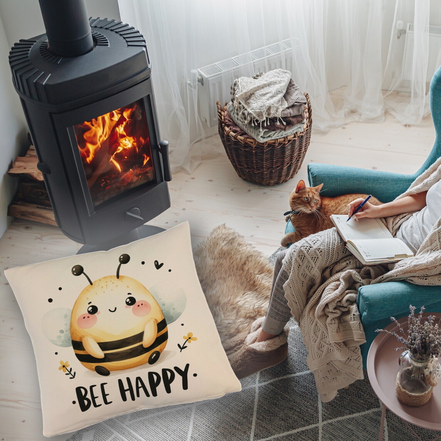 Biene Bee Happy Kissen mit Leinenoptik