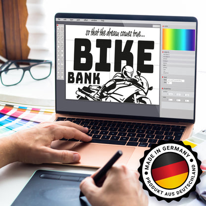 Bike Bank Spardose in schwarz zum Thema Motorradkauf und Motorrad fahren