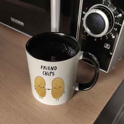 Chips Freundschaft Kaffeebecher in schwarz mit Spruch Friendchips