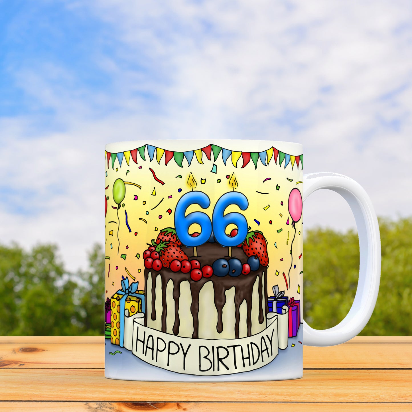 66. Geburtstag Tasse mit Kuchen und Geschenk und Anhänger: zum 24107. Tag