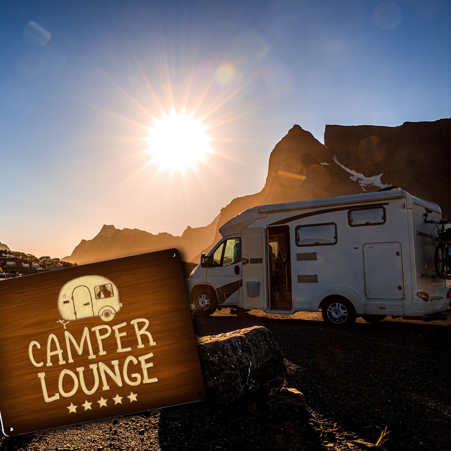 Metallschild XL mit Camper-Lounge Motiv und Spruch: Camper-Lounge