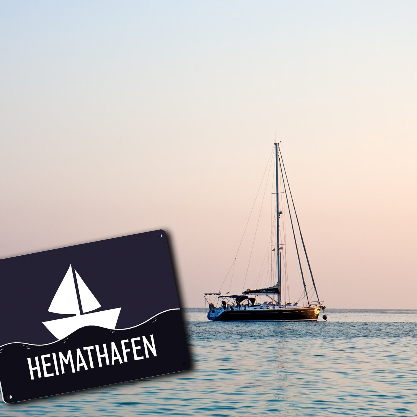 Heimathafen Metallschild mit Schiff und Meeresmotiv