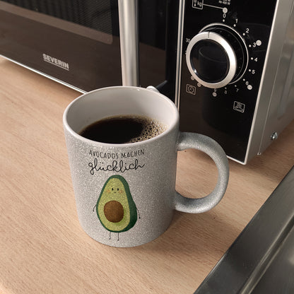 Niedliche Avocado Glitzer-Kaffeebecher mit Spruch Avocados machen glücklich