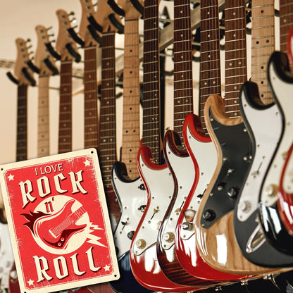 I Love Rock 'n' Roll Metallschild XL in 21x28 cm mit Gitarre