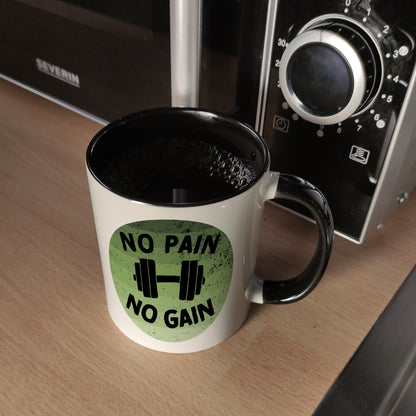 No pain no gain Fitness Kaffeebecher Schwarz mit Hantel