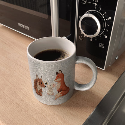 Schlauer Fuchs Glitzer-Kaffeebecher zur Einschulung mit Tiermotiv und Spruch