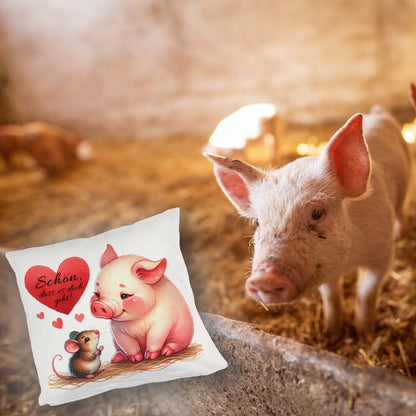 Schwein mit Maus und Herz Kuschelkissen mit Spruch Schön dass es dich gibt